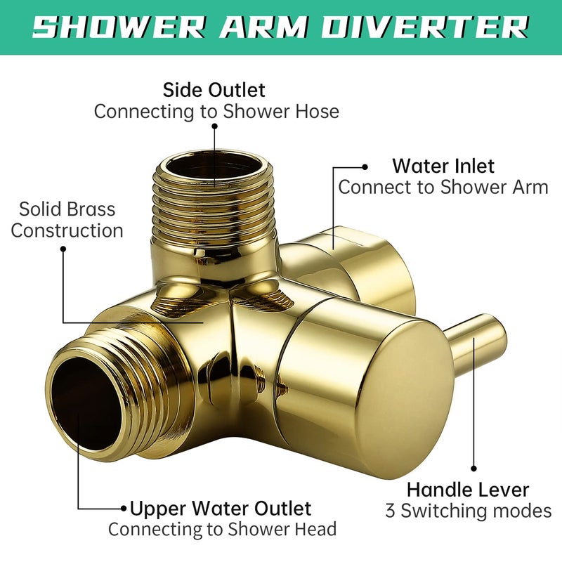 V-Sincerity All Metal Shower Arm Diverter, G 1/2 3 Way Diverter Valve for Hand Held Showerhead and Fixed Spray Head (Polished Brass) - Image 3
